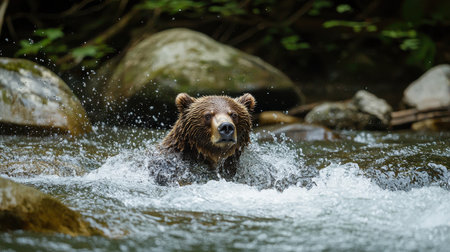 A bear splashes through a river, surrounded by rocks and lush greenery, capturing a moment of wildlife in its natural habitat.の素材