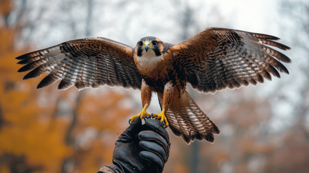 A majestic hawk with outstretched wings perches on a gloved hand, surrounded by autumn foliage, showcasing the beauty of nature and falconry.の素材