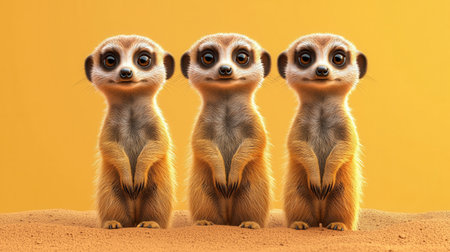 Three adorable meerkats stand upright against a bright yellow background, showcasing their playful and curious nature.の素材