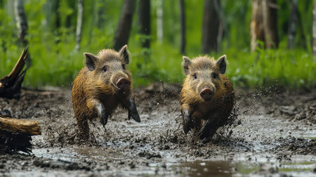 Two wild boars sprint through muddy ground, surrounded by lush greenery, creating a lively scene in nature.の素材