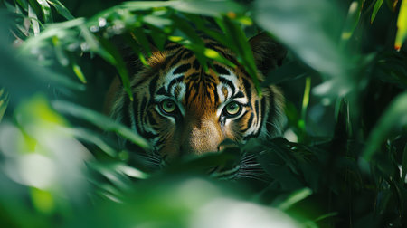 A tiger peers through thick green foliage, showcasing its striking eyes and distinctive stripes in a captivating jungle environment.の素材