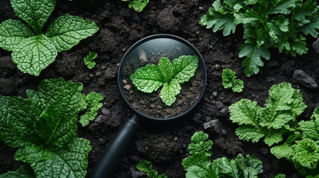 A close-up view of fresh mint leaves in soil, magnified by a lens, showcasing their vibrant color and texture against the dark earth.の素材