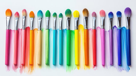 A vibrant collection of paintbrushes in various colors, arranged neatly in a row, showcasing a spectrum of hues from pink to purple.の素材