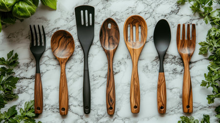 A collection of wooden and black kitchen utensils arranged on a marble surface, surrounded by fresh greenery.の素材
