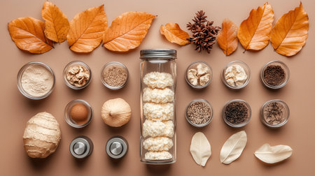 A flat lay display of natural ingredients, including leaves, nuts, eggs, and spices, arranged artistically on a brown surface.の素材