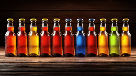 A colorful array of beverage bottles arranged in a row on a wooden surface, showcasing different hues and styles.の素材
