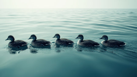 A serene image showing four ducks swimming in a calm, blue water, creating gentle ripples, under a soft, hazy sky.の素材