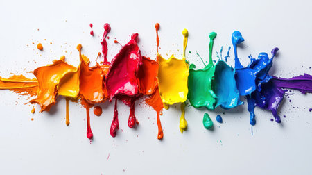 A vibrant splash of rainbow colors on a white surface, showcasing bright hues blending together artistically.の素材