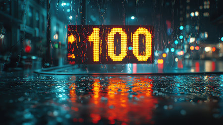 A glowing digital display shows the number 100, reflecting on a wet street amidst a rainy urban night scene.の素材