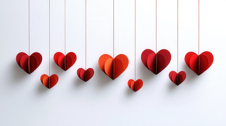 A minimalist design featuring a series of hanging red hearts, creating a romantic and warm atmosphere against a white background.の素材