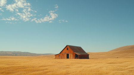 A rustic barn stands alone in a golden field under a clear blue sky, surrounded by distant mountains, evoking a sense of tranquility and rural beauty.の素材