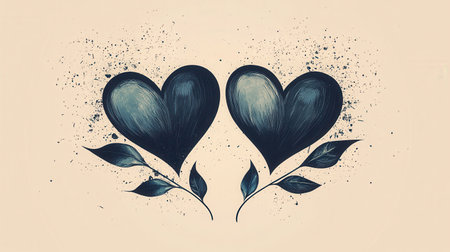 Two stylized dark hearts adorned with leaves, set against a light background, conveying a sense of love and connection.の素材