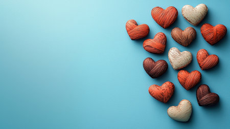 A collection of multicolored decorative hearts arranged artistically on a blue background, symbolizing love and affection.の素材