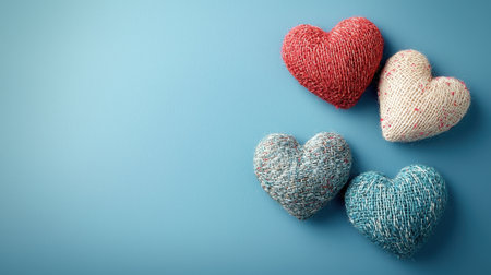 A serene arrangement of colorful, textured hearts on a soft blue background, symbolizing love and affection.の素材