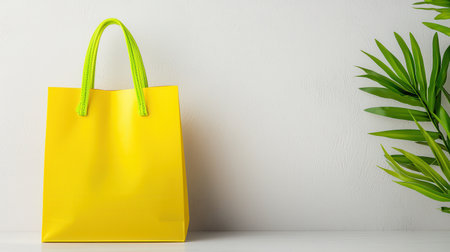 A vibrant yellow bag with green handles sits against a neutral background, accompanied by a green plant, creating an inviting and fresh aesthetic.の素材