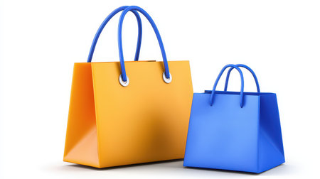 Two colorful shopping bags, one orange and one blue, are displayed side by side against a white background, showcasing vibrant design and practicality.の素材