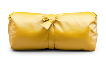 A vibrant yellow roll bag with a tied closure, showcasing a sleek design and smooth texture, perfect for stylish storage or travel.の素材