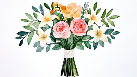 A beautiful watercolor bouquet featuring pink roses, white lilies, and vibrant orange blooms, elegantly tied with greenery.の素材
