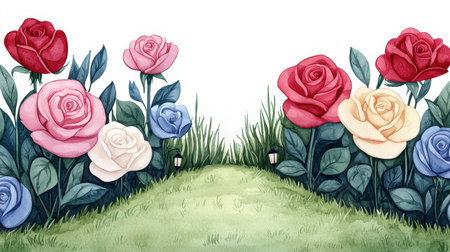 A vibrant illustration of colorful roses blooming on either side of a grassy path, creating a serene and inviting garden scene.の素材