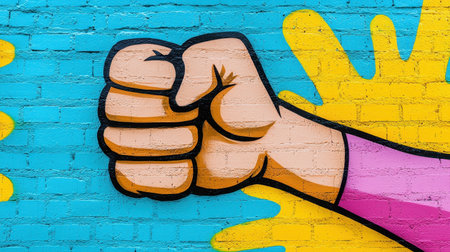 A vibrant mural featuring a cartoon-style fist against a bright background, symbolizing strength and empowerment.の素材