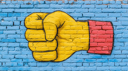 A vibrant mural of a yellow fist against a blue brick background, symbolizing strength and unity.の素材