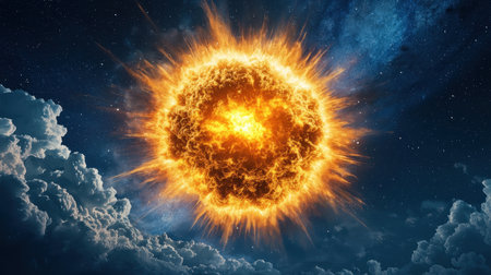 A radiant sun emits fiery rays amidst a backdrop of clouds and cosmic space, creating a stunning celestial scene.の素材