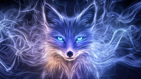 A mystical blue fox emerges from swirling ethereal smoke, exuding an enchanting aura in a dark background.の素材