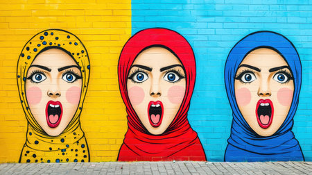 A vibrant mural depicting three women in colorful hijabs, each expressing strong emotions with their mouths open against a bright, contrasting background.の素材