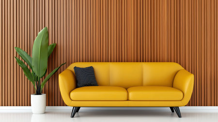 A stylish yellow sofa rests against a wooden wall, complemented by a green plant in a pot, creating a warm and inviting living space.の素材