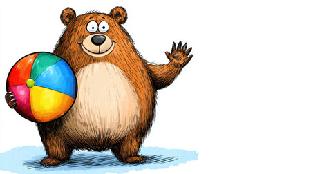 A cheerful cartoon bear waves while holding a colorful beach ball, embodying a playful and joyful spirit.の素材