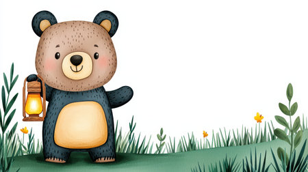 A cute bear holding a lantern stands in a grassy field, surrounded by flowers, exuding a friendly and whimsical vibe.の素材