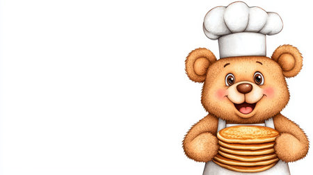 A cheerful bear chef holds a stack of pancakes, wearing a traditional chef's hat and apron, set against a plain white background.の素材