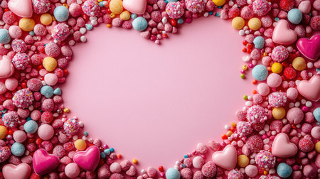 A heart-shaped frame made of colorful candies and sprinkles on a pink background, perfect for celebrating love and sweetness.の素材