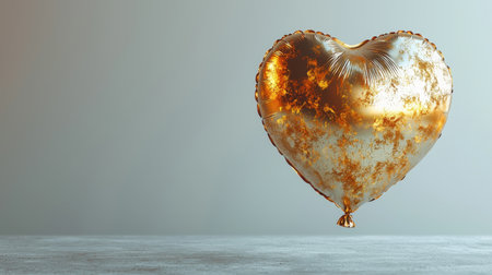 A shiny, golden heart-shaped balloon floats gracefully against a soft, neutral background, symbolizing love and celebration.の素材