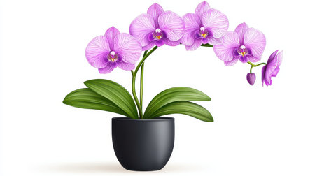 A beautiful purple orchid in a black pot, showcasing vibrant petals and lush green leaves, perfect for home decor or gifting.の素材