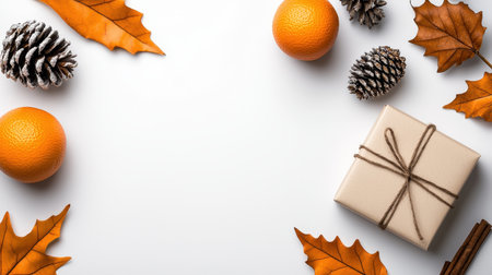 A cozy autumn arrangement featuring oranges, pinecones, dried leaves, and a gift box, evoking seasonal warmth and festive spirit.の素材