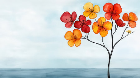 A vibrant watercolor painting featuring colorful flowers atop a slender tree against a serene background of water and sky.の素材