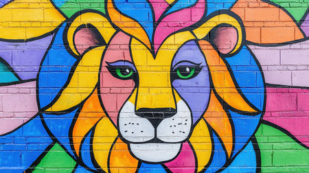 A vibrant mural depicting a colorful lion's face, featuring bold patterns and bright hues, showcasing artistic creativity and urban aesthetics.の素材