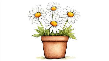 A charming illustration of blooming daisies in a terracotta pot, showcasing their vibrant white petals and sunny yellow centers.の素材