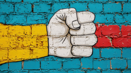 A vibrant mural featuring a stylized fist against a blue and red brick background, symbolizing strength and unity.の素材
