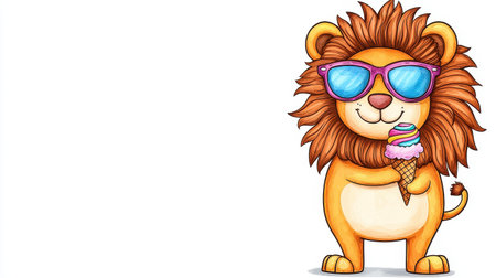 A cute cartoon lion wearing sunglasses holds an ice cream cone, exuding a fun and playful vibe.の素材