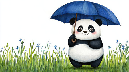 A cute panda holding a blue umbrella stands in a grassy field, surrounded by colorful flowers, creating a whimsical and cheerful scene.の素材