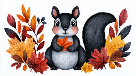 A cute cartoon squirrel holding a leaf, surrounded by vibrant autumn foliage in shades of orange, yellow, and red.の素材