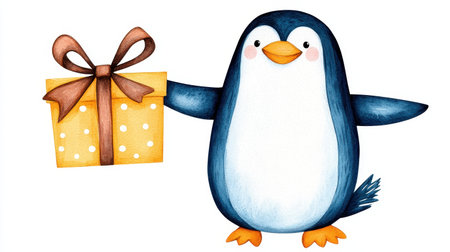 A cute, illustrated penguin holding a gift box with a ribbon, evoking a cheerful and festive atmosphere.の素材