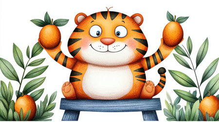 A cheerful cartoon tiger holds oranges, surrounded by green leaves, sitting on a bench, conveying a playful and vibrant atmosphere.の素材