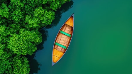 A vibrant aerial view of a wooden boat surrounded by lush green trees on calm, turquoise waters.の素材