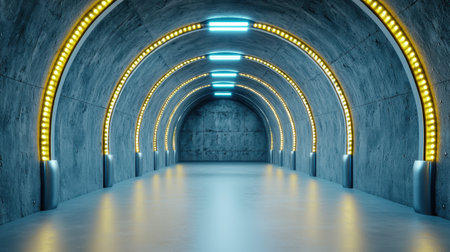 A futuristic tunnel with a concrete structure illuminated by blue and yellow lights, creating a sleek and modern atmosphere.の素材