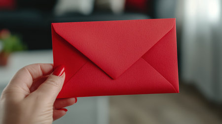 A vibrant red envelope held by a hand, set against a softly blurred background, suggesting a personal or special message.の素材