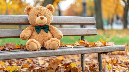 A cute teddy bear sits on a park bench surrounded by colorful autumn leaves, creating a warm and inviting fall scene.の素材