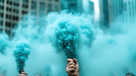 People hold colorful smoke bombs amid urban surroundings, creating a vibrant cloud of teal, enhancing the festive and dynamic atmosphere.の素材